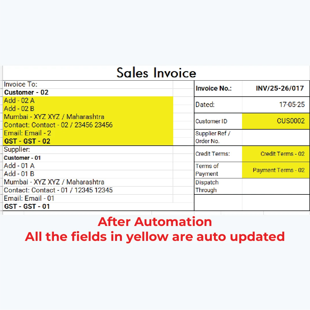 Automated invoice template with auto-filled customer and supplier details after company selection, designed by izwiq