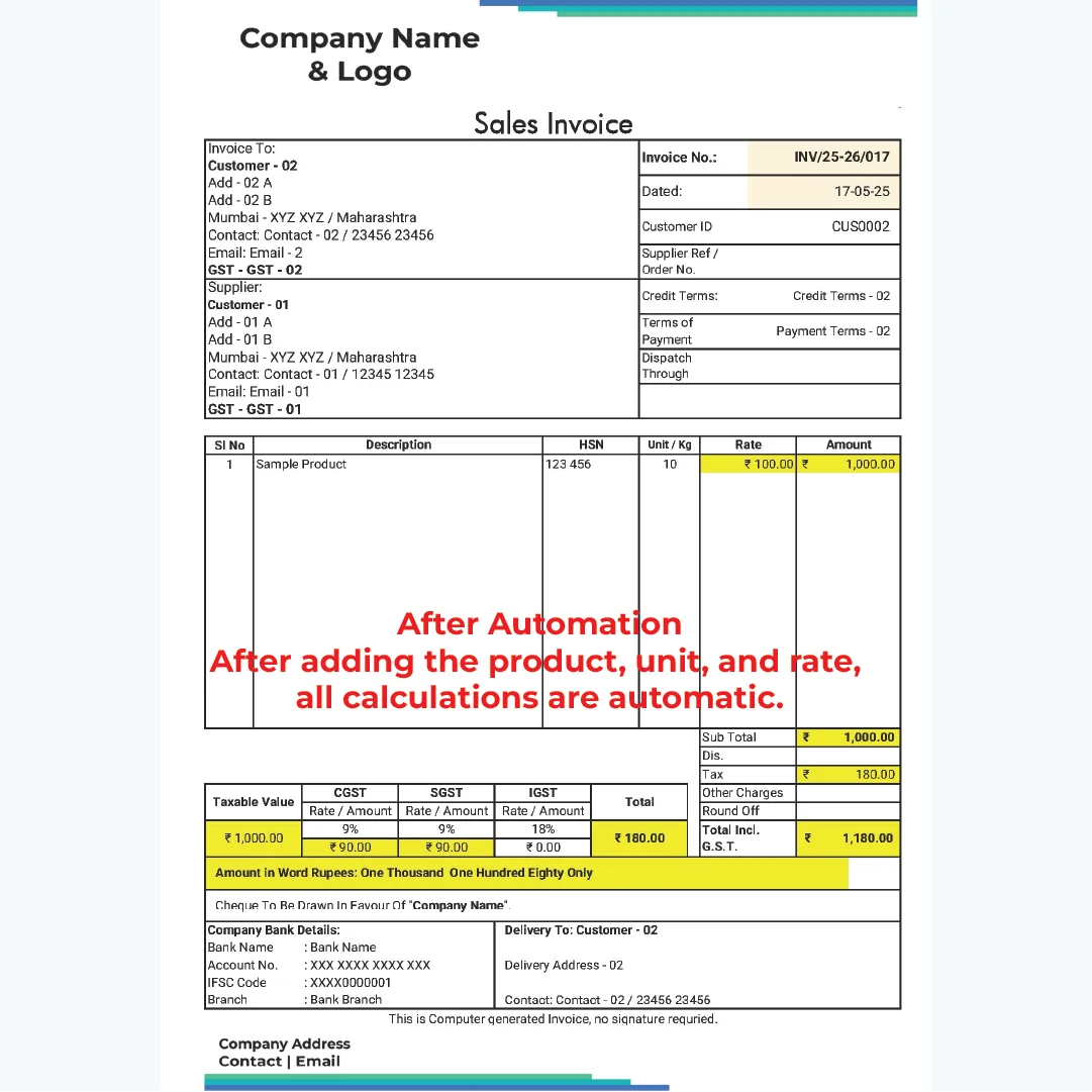 Automated invoice template with auto-calculated product totals and GST, designed by izwiq for efficient business billing