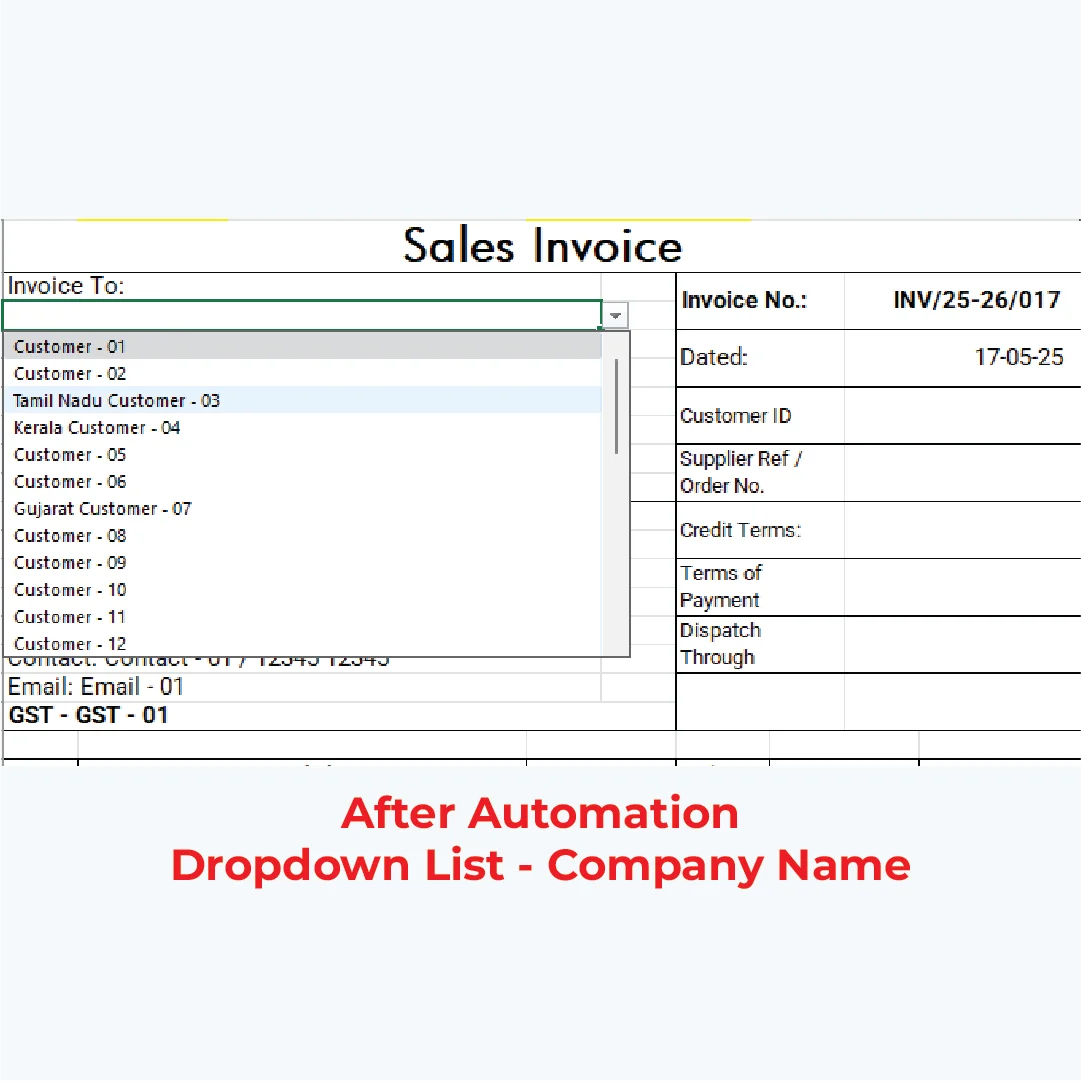 Automated invoice template with dropdown list for customer selection, designed by izwiq for streamlined business documentation