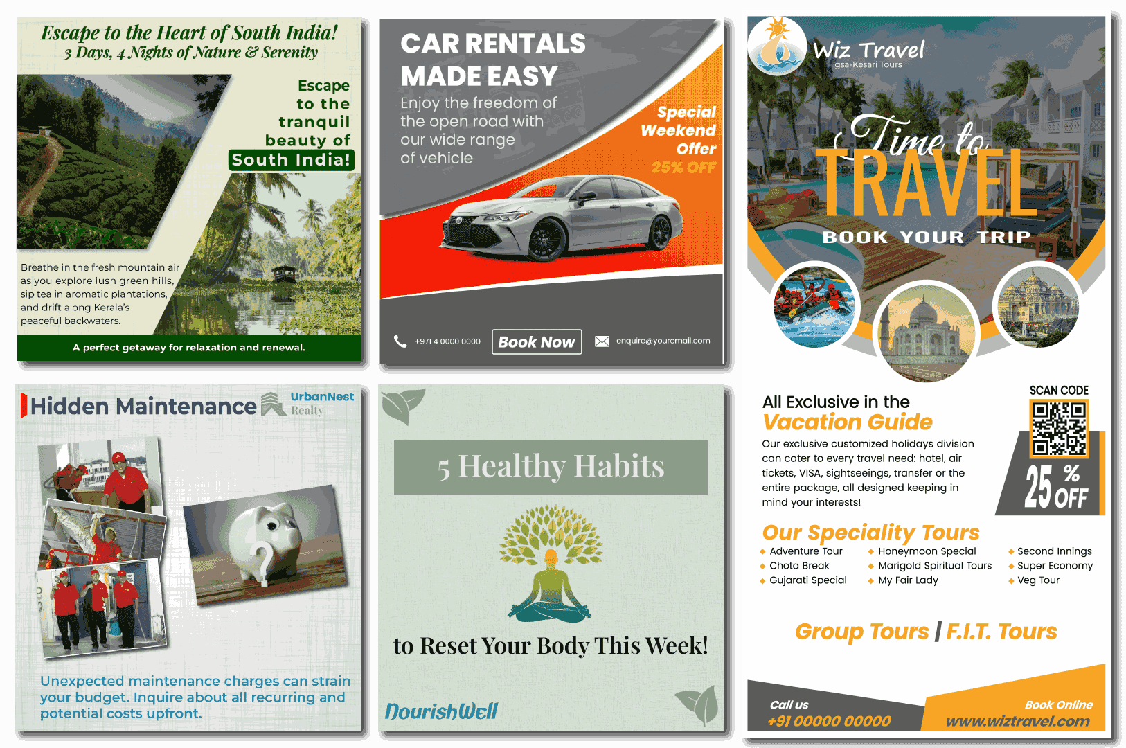 Branded templates example showing flyers, travel ads, and marketing posts for graphic design for small businesses.