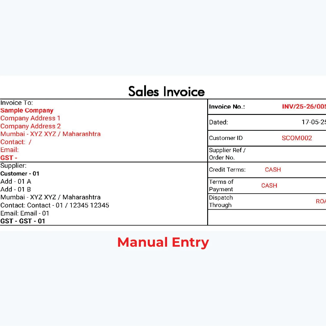 Manual invoice template with red text fields for entry, designed by izwiq for operational use in business transactions