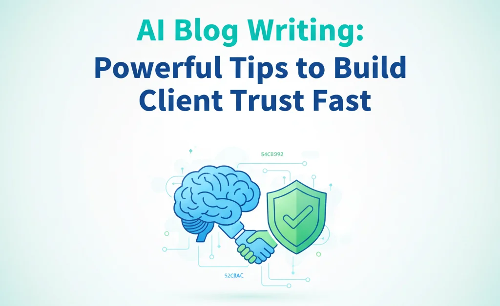 AI Blog Writing: Promotional graphic featuring a brain, shield with checkmark, and handshake ÔÇö symbolizing intelligence, trust, and partnership in AI-powered blog writing strategies.
