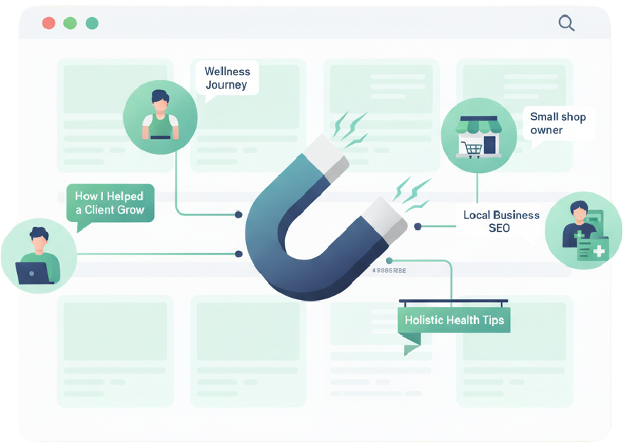 Blog Writing: Digital illustration of a central magnet attracting content topics and personas ÔÇö including wellness journeys, small shop owners, SEO tips, and client success stories ÔÇö symbolizing blog writing as a strategic tool for lead generation and audience engagement.