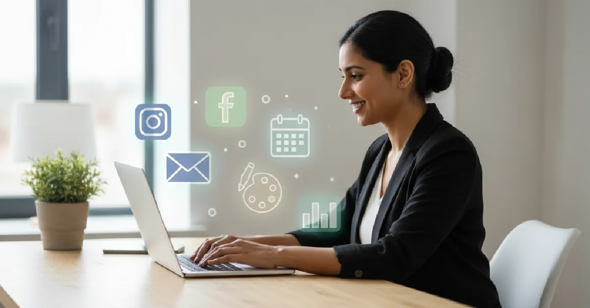 Marketing Support: Confident Indian entrepreneur working at a modern desk with laptop, surrounded by floating icons for social media, email, calendar, design tools, and analytics in a clean, professional workspace.