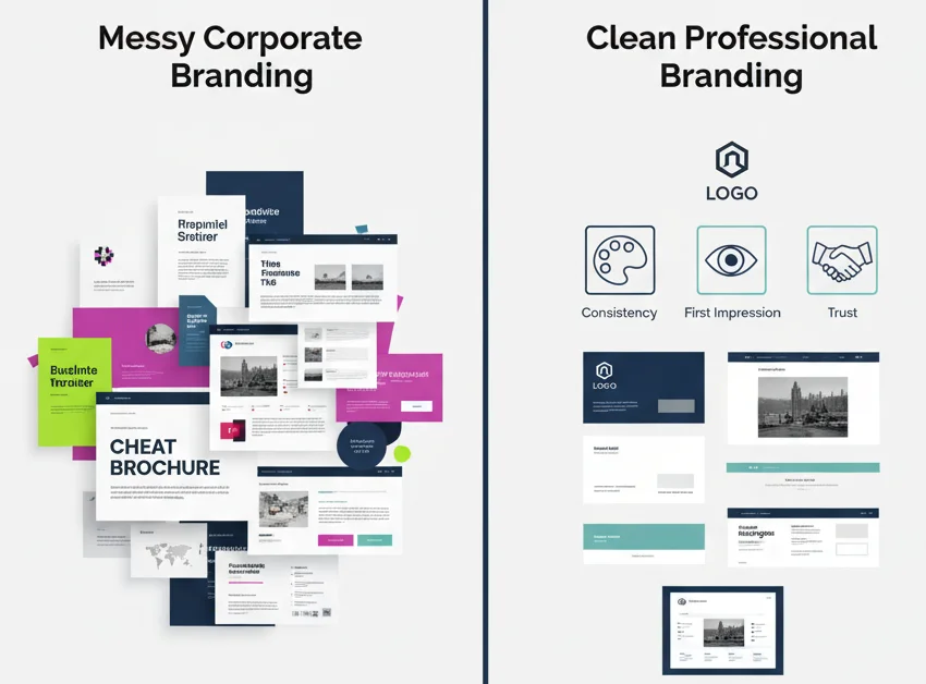 Split image showing messy corporate branding with inconsistent materials on the left, and clean professional branding with consistent design and trust-building elements on the right.