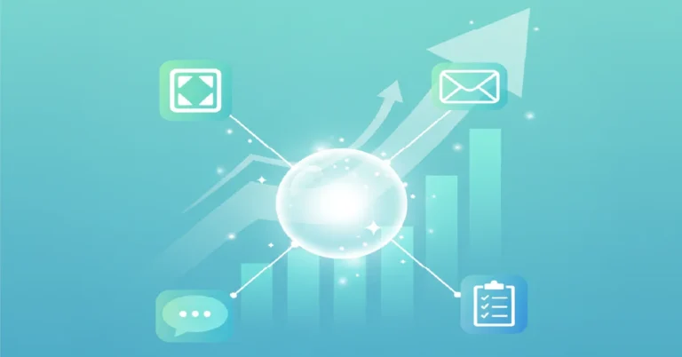 Campaign: Central glowing sphere connected to icons representing email, messaging, checklist, and expansion tools, with upward arrows and bar graph in the background symbolizing digital campaign growth and progress.