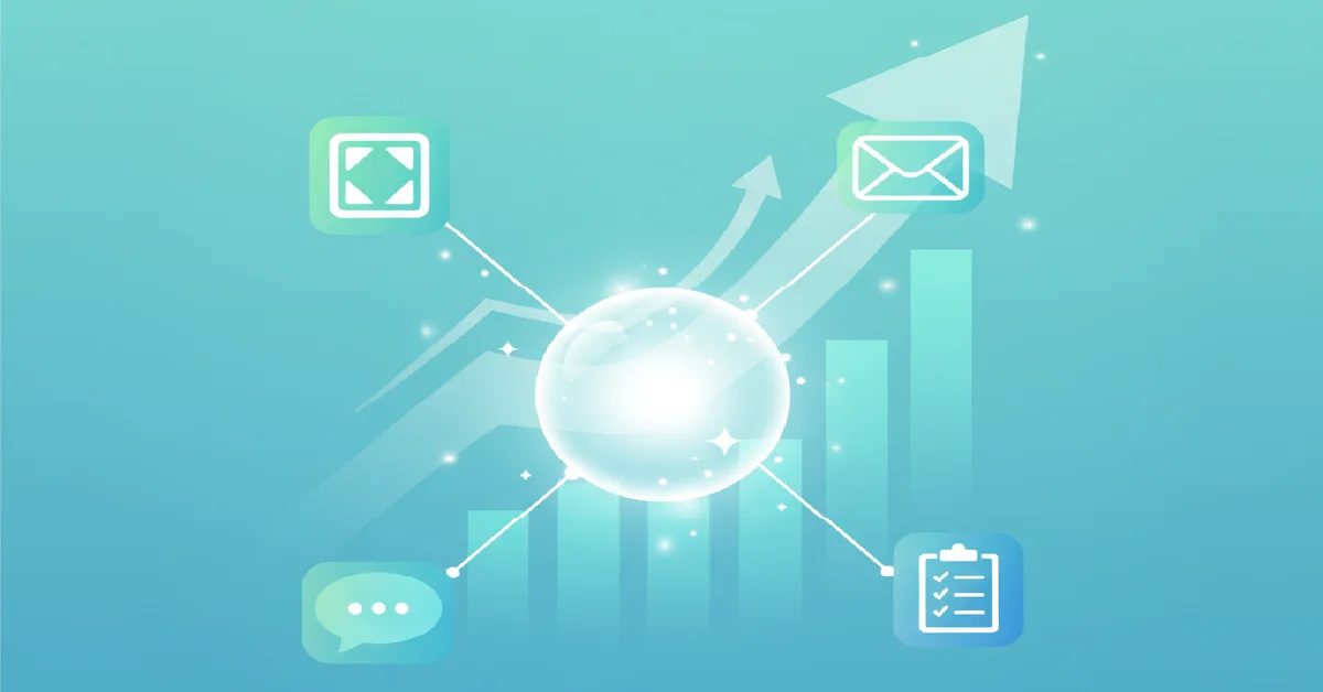 Campaign: Central glowing sphere connected to icons representing email, messaging, checklist, and expansion tools, with upward arrows and bar graph in the background symbolizing digital campaign growth and progress.