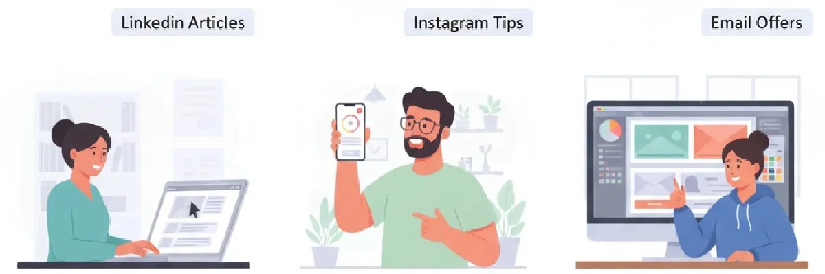 Campaign: Split-screen illustration showing three professionals executing digital marketing strategies ÔÇö a consultant typing a LinkedIn post, a health coach recording an Instagram story, and a freelancer designing an email newsletter.