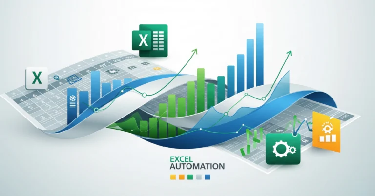 Stylized Excel spreadsheet with dynamic 3D graphs, gears, and automation icons — representing the difference between Excel Formulas and Excel Automation in small business workflows.