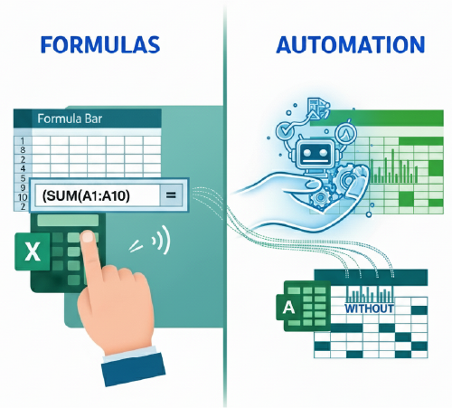 Split image showing Excel Formulas on the left with manual calculations, and Excel Automation on the right with robotic icons and gears — illustrating the difference in workflow efficiency.