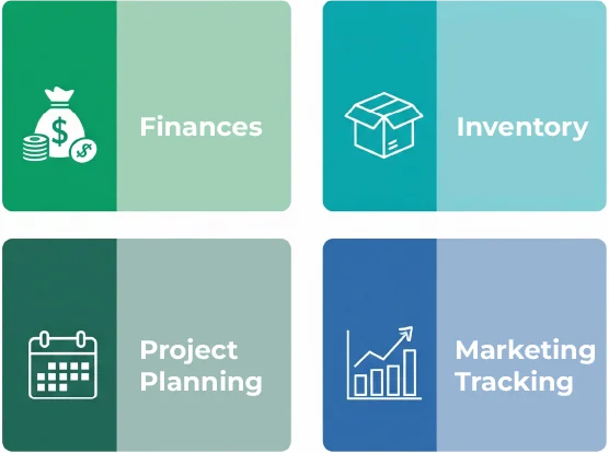 Infographic with four colored sections labeled Finances, Inventory, Project Planning, and Marketing Tracking — illustrating how Excel for Business supports key small business functions.