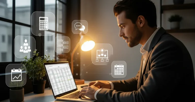 Professional working on a laptop in a modern office with digital overlay icons for charts, calendars, and communication — representing how Excel for Business supports productivity and business management.