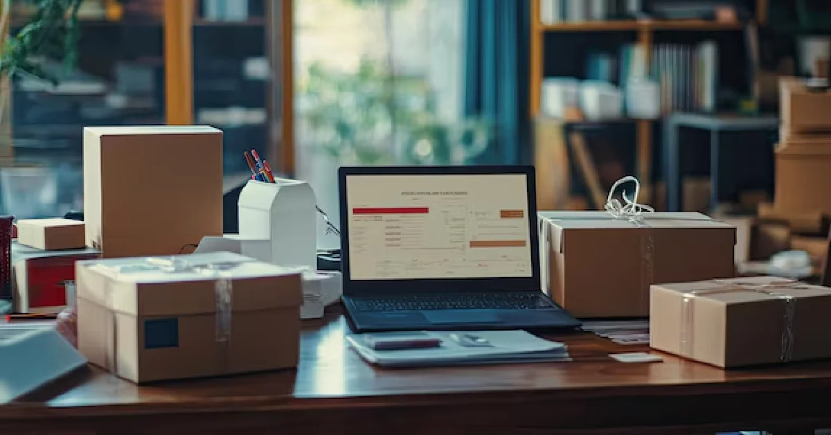 Workspace with cardboard boxes, laptop displaying a spreadsheet, and office supplies — representing how Excel for Business supports inventory and shipping management for small e-commerce operations.