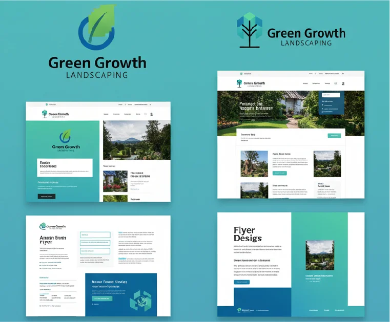 Hire a Designer: Before-and-after branding example showing professional logo, website, and flyer design for Green Growth Landscaping.