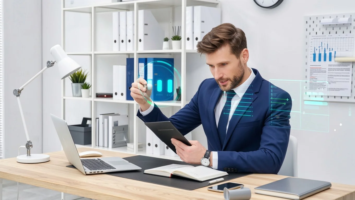 Hire a Designer: Professional workspace showing a business expert reviewing data, symbolizing strategic branding and design support.