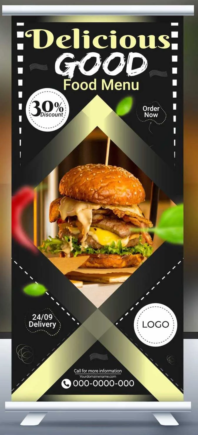 Colorful standee at a local business fair promoting healthy organic snacks with a bold tagline, showing how offline marketing tools attract attention and spark curiosity.