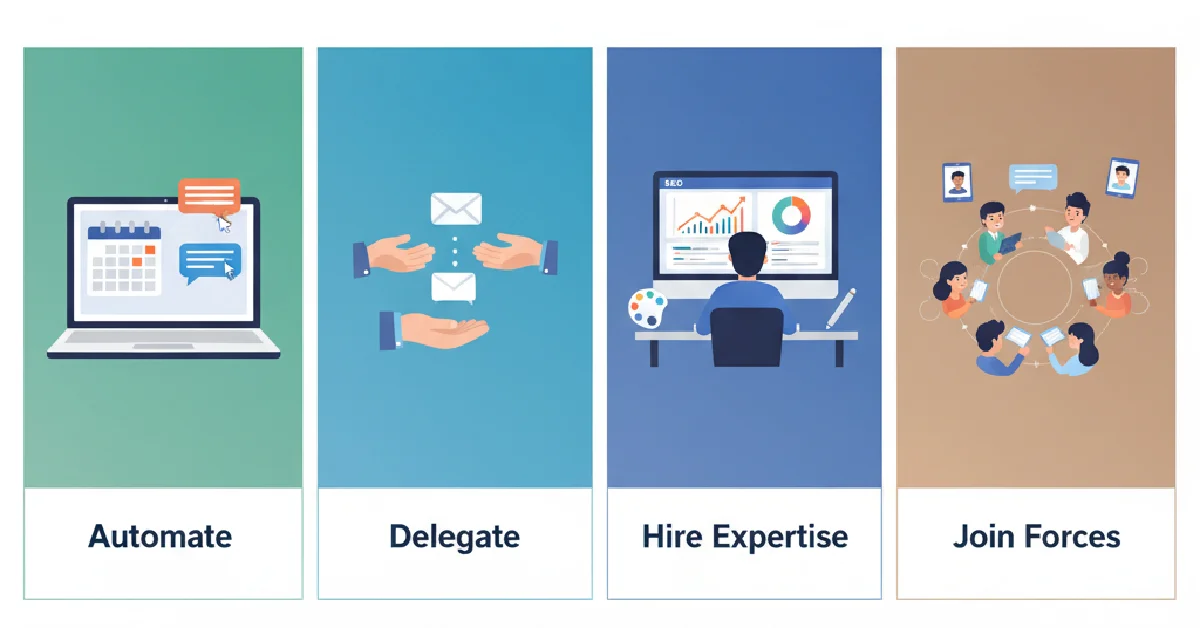 Marketing Support: Wide infographic illustrating four types of scalable marketing support for small businesses ÔÇö Automate with DIY tools, Delegate with virtual assistants, Hire Expertise through specialists, and Join Forces via community collaboration.