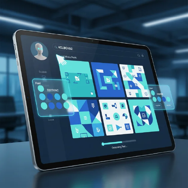 Social Media Design: Futuristic dashboard interface showing font and media tools, highlighting the value of hiring a designer for professional branding.