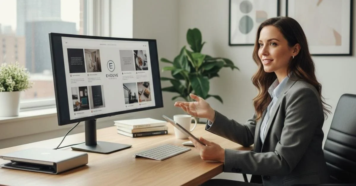 Social Media Design: Professional presenting branding portfolio in office, showing why hiring a designer enhances strategy and visual impact.