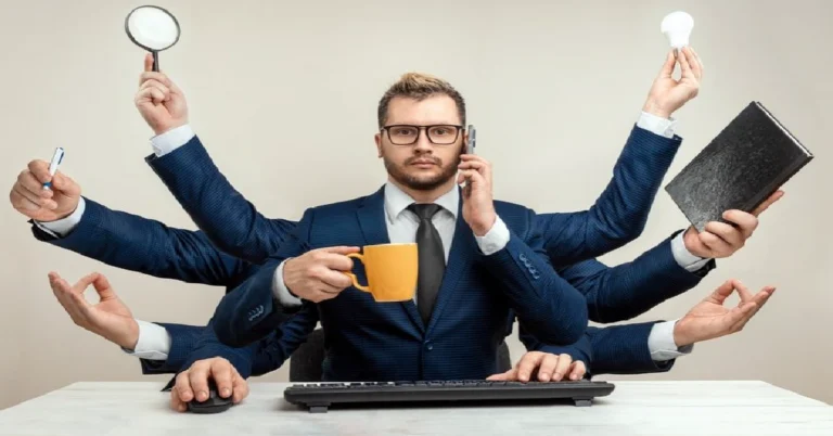 Illustration of a business professional with eight arms holding tools like a notebook, smartphone, coffee mug, and light bulb — symbolizing the multitasking demands that Virtual Assistant Help can relieve.