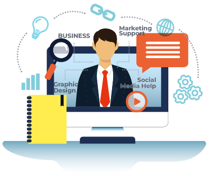 Stylized digital illustration of a computer monitor showing a business professional, surrounded by icons for ideas, global reach, planning, technical support, and networking, representing Virtual Marketing Support for Small Business.