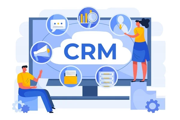 Illustration of cloud-based CRM system with icons for communication, analytics, customer profiles, marketing, document management, and data storage ÔÇö showing tasks a Virtual Support Professional can manage.