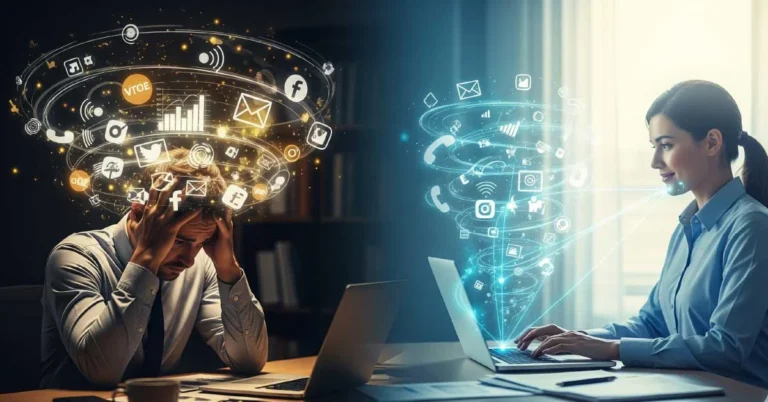 Two individuals at desks with laptops; one overwhelmed by chaotic digital icons, the other calm with organized icons — symbolizing the transformation possible through a Virtual Support Professional.