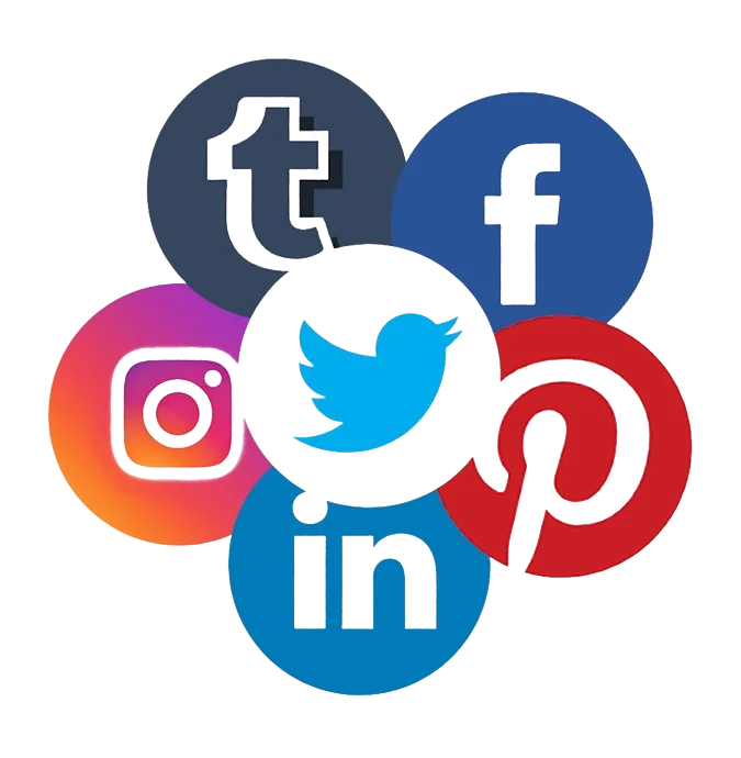Circular icons of major social media platforms including Facebook, Instagram, Twitter, LinkedIn, Pinterest, and Tumblr arranged in a network pattern — representing tasks a Virtual Support Professional can manage.
