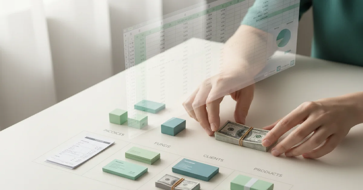Hands working on a desk arranging stacks of money and small financial blocks labeled "FUNDS," "CLIENTS," and "PRODUCTS," with a translucent Excel for business spreadsheet overlay projecting from above.