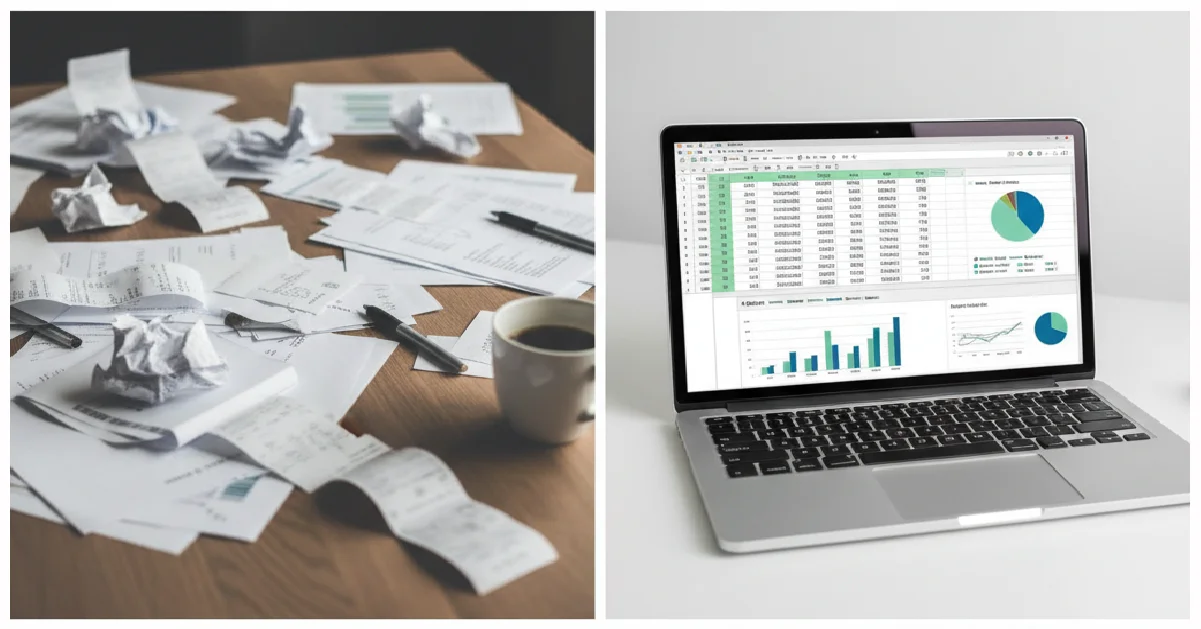 A split image showing disorganized paper receipts and a clean laptop screen with an Excel sheet for inventory management.