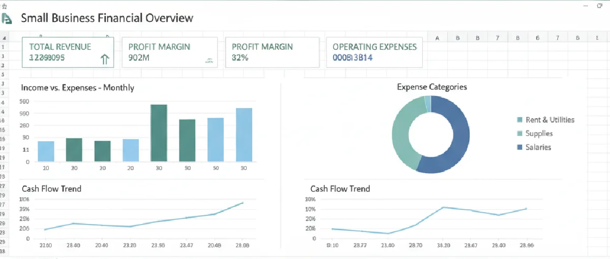 A clean, professional Excel for business dashboard showing a small business financial overview, including total revenue, profit margin, operating expenses, income vs. expenses, expense categories (Rent &amp; Utilities, Supplies, Salaries), and cash flow trends.