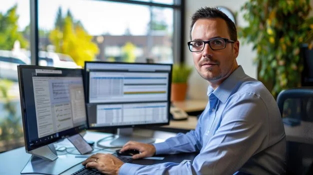 Professional seated at a desk with dual monitors displaying spreadsheets and documents — representing how small business owners use Excel for business like admin and data management.