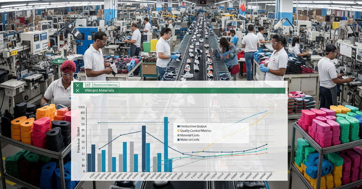 Busy factory floor with workers assembling materials and a superimposed chart showing production output, quality control, and material costs — illustrating how Excel for business helps small manufacturers track performance.