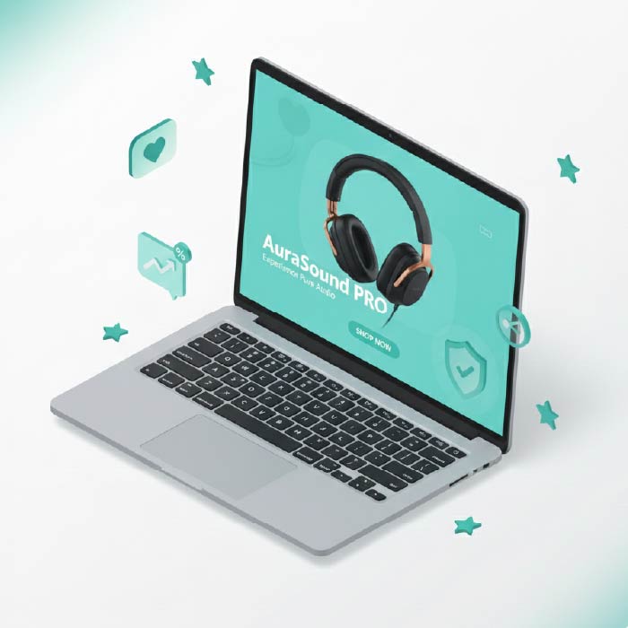 Laptop screen showing AuraSound PRO headphone ad with floating icons for quality, popularity, and performance