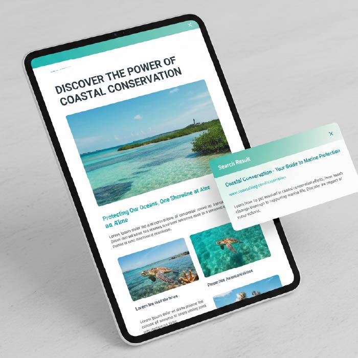 Tablet screen showing coastal conservation webpage with ocean, lighthouse, and sea turtles