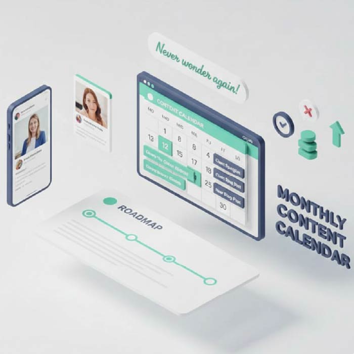 Digital workspace showing monthly content calendar with scheduled posts, roadmap, and collaboration icons