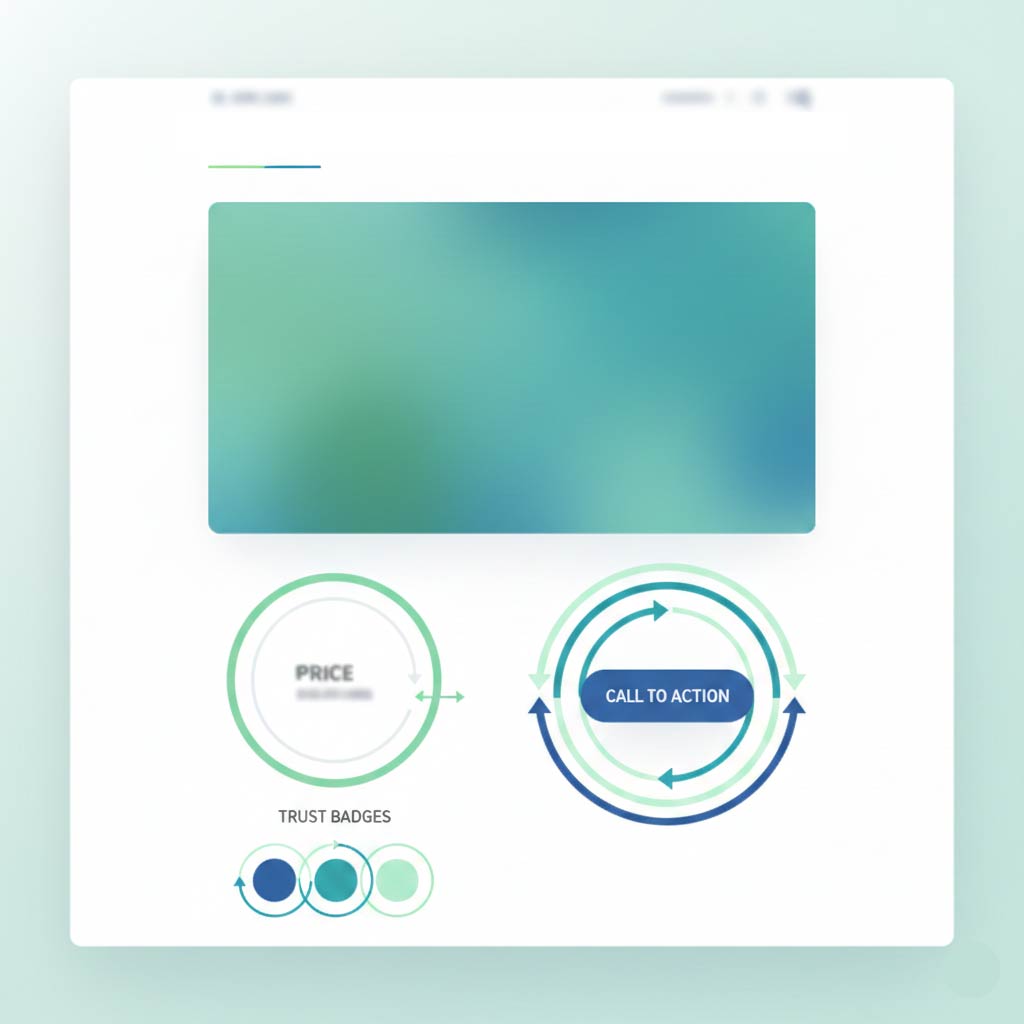 Add to cart product page layout with circular diagrams showing price strategy, trust badges, and call-to-action flow.