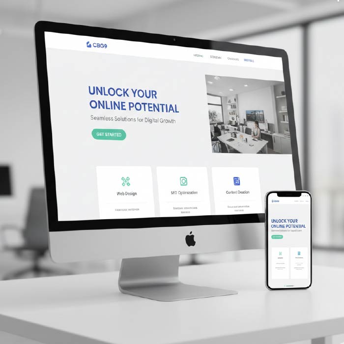Apple iMac and iPhone displaying CBQ9 website offering web design, SEO, and content strategy