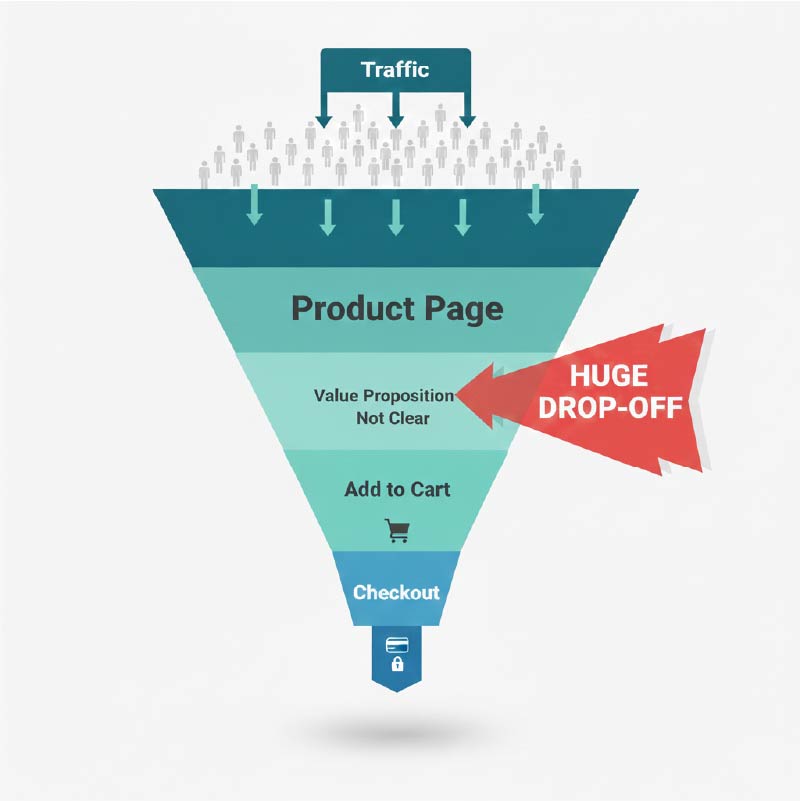 Funnel diagram showing ecommerce conversion stages with major drop-off at unclear value proposition