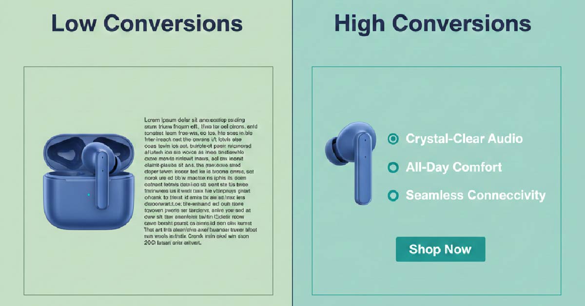 Side-by-side comparison of ecommerce product pages for wireless earbuds showing "Low Conversions" with cluttered text and "High Conversions" with clean layout and clear benefits