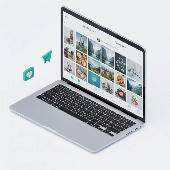 Laptop screen showing social media grid interface with floating icons for likes and sharing