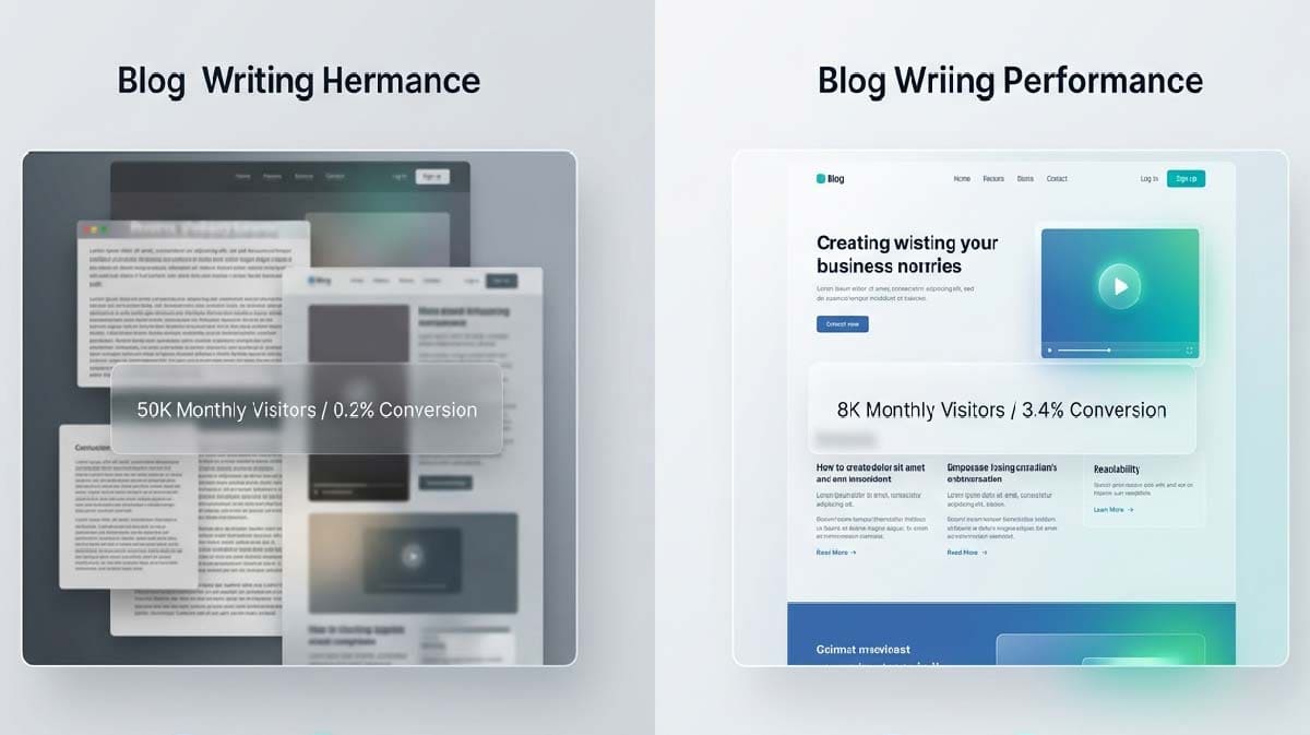 Comparison of cluttered website with high traffic low conversion vs clean website with lower traffic higher conversion