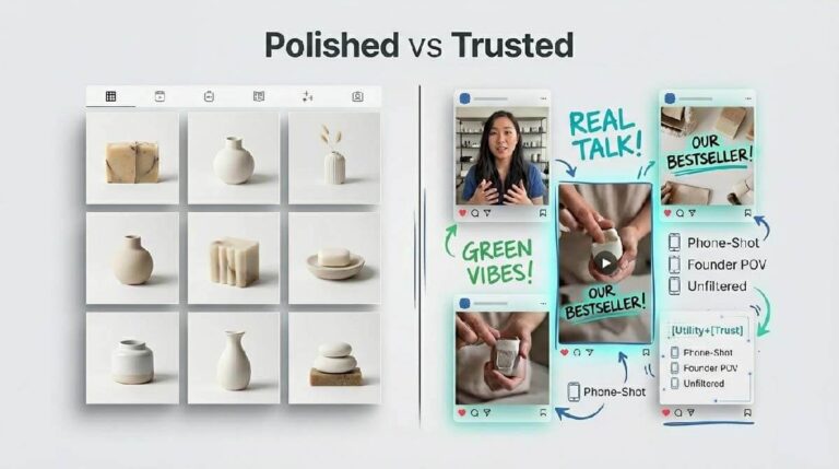 Split image showing polished Instagram grid vs raw user-generated content highlighting impact on D2C social media ROI and engagement