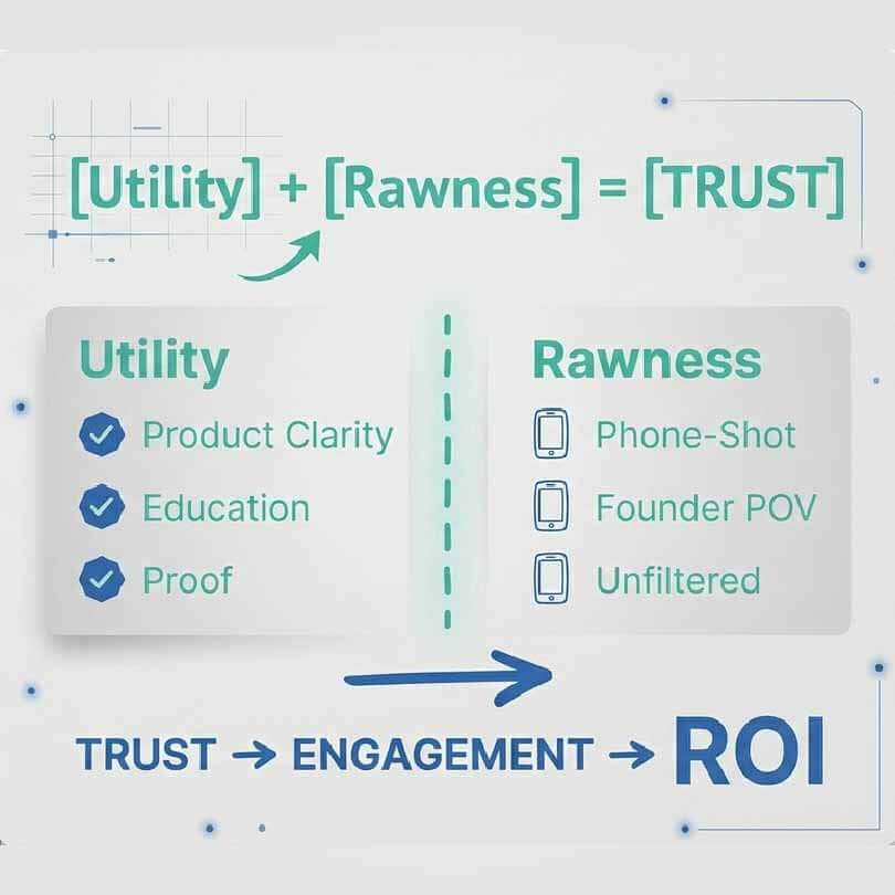Social Media strategy diagram combining utility and raw content to drive trust, engagement, and ROI