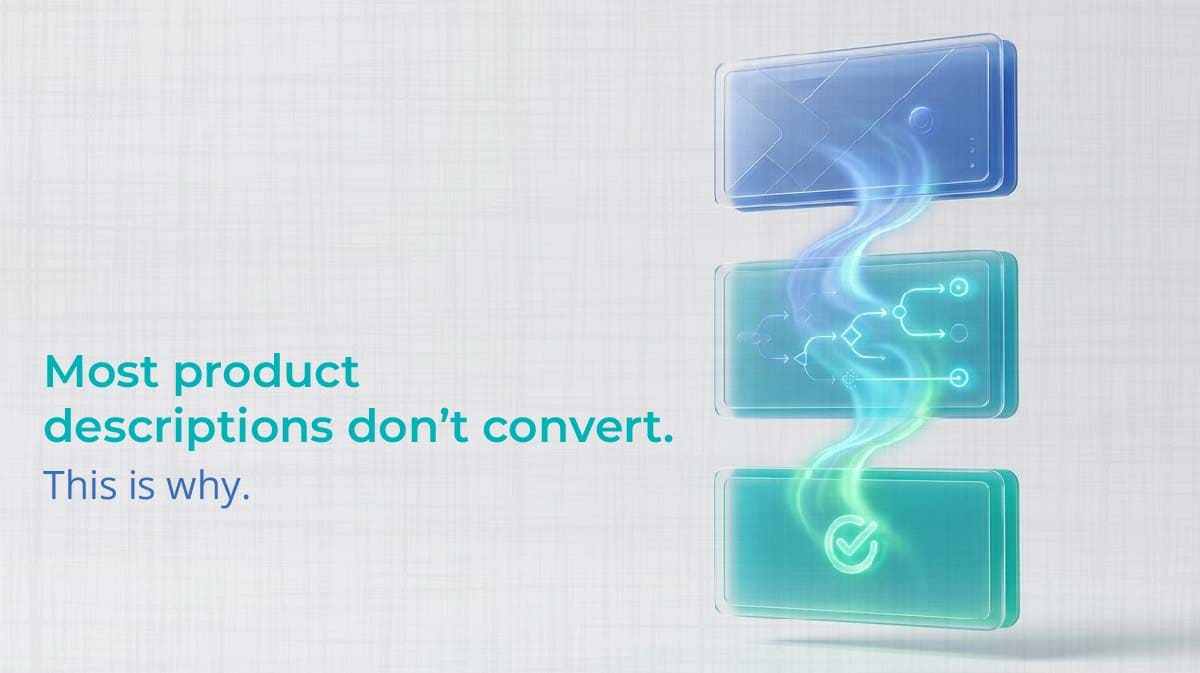 Minimalist visual showing product description flow from clarity to trust and conversion in ecommerce product description strategy