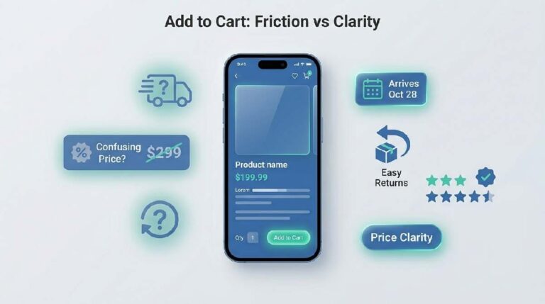 Add to cart optimization showing product page friction vs clarity with delivery, returns, and pricing signals