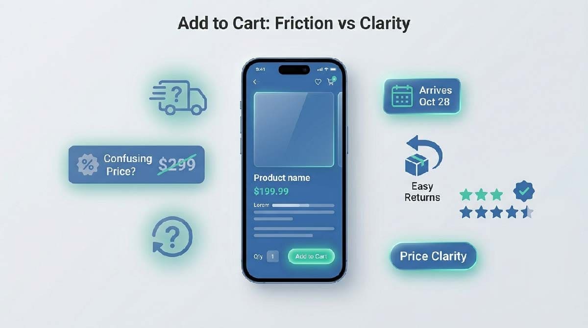 Add to cart optimization showing product page friction vs clarity with delivery, returns, and pricing signals