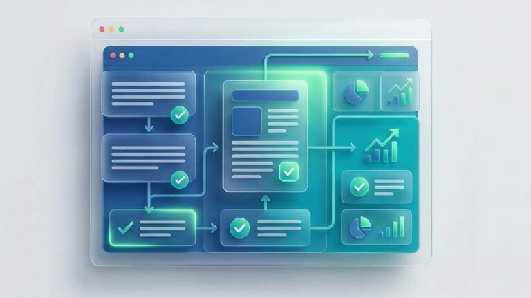 Minimalist illustration of AI blog writing as a structured content system driving trust and conversions