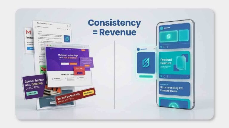 “D2C brand consistency vs performance marketing — chaotic mismatched ads versus unified brand identity