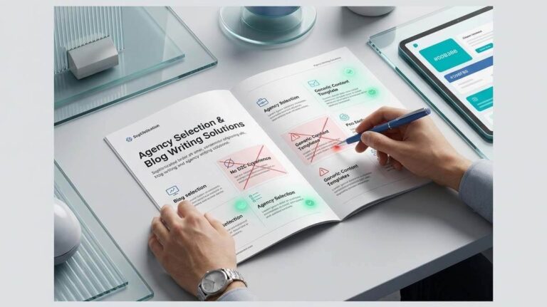 Founder reviewing agency brochure with red flags highlighting how blog writing and content structure impact D2C agency selection and trust